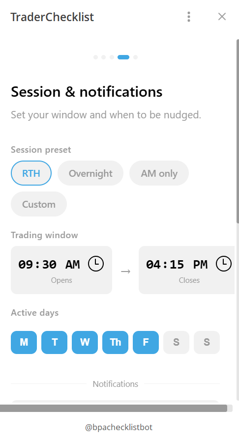 Onboarding step 3: session & notifications.