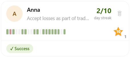A trader card showing a 2/10 streak and an award star with a count badge.
