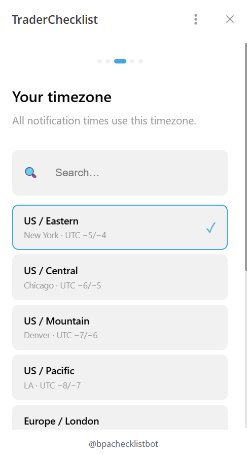 Onboarding step 2: your timezone.